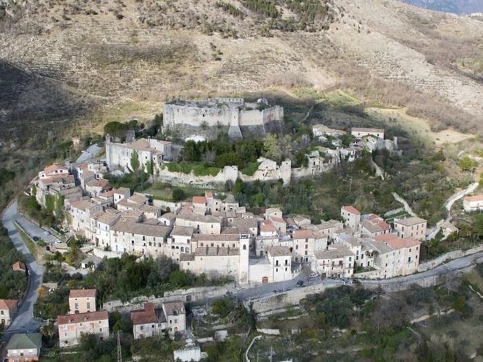 Aerial view of the village of Vicalvi and the castle