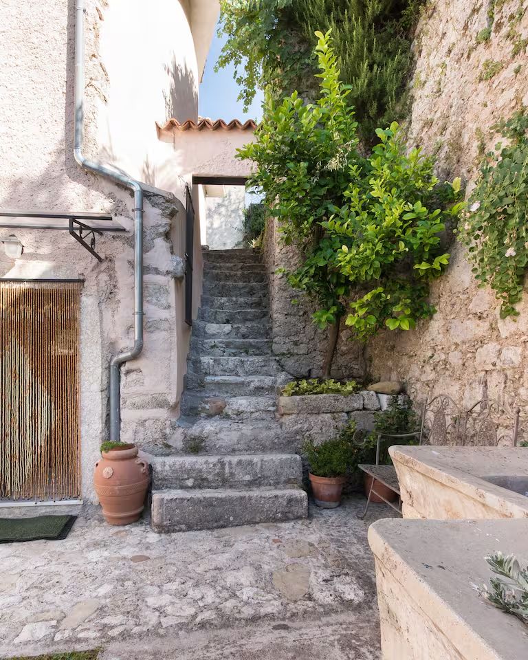 Stone staircase at the entrance of the residence, among pots and plants